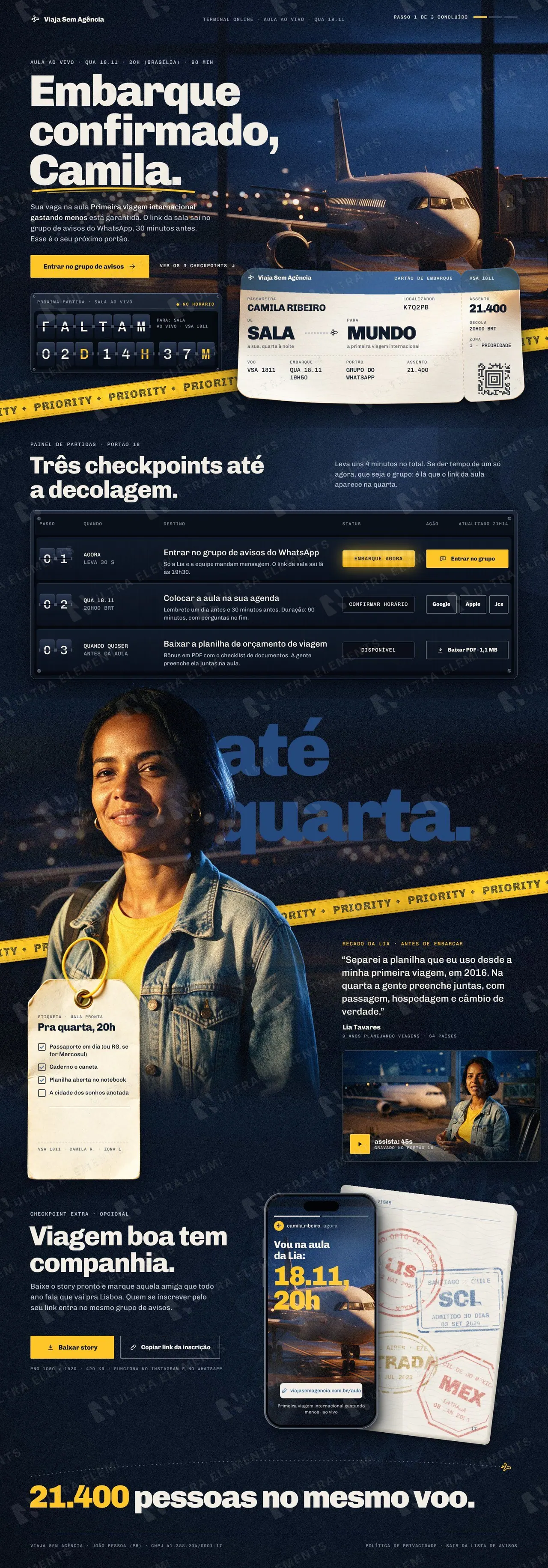 Página de obrigado em cartão de embarque para aula ao vivo de viagem, com grupo e agenda (desktop e mobile) — imagem 1 de 7