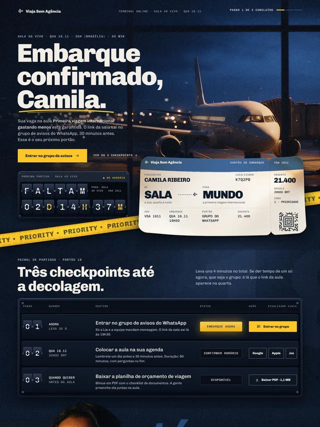 Página de obrigado em cartão de embarque para aula ao vivo de viagem, com grupo e agenda (desktop e mobile)