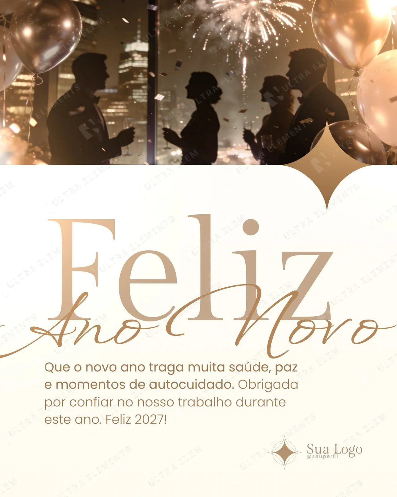 Post Feliz Ano Novo dourado: festa com balões e fogos (feed)
