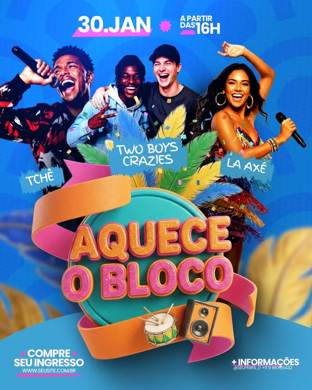Post Carnaval Aquece o Bloco: line-up com quatro atrações, plumas e selo 3D com fita (feed)