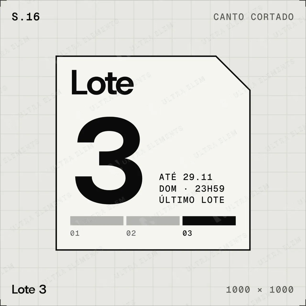 Selo plano Lote 3 (último lote): número gigante e régua de lotes — imagem 1 de 4