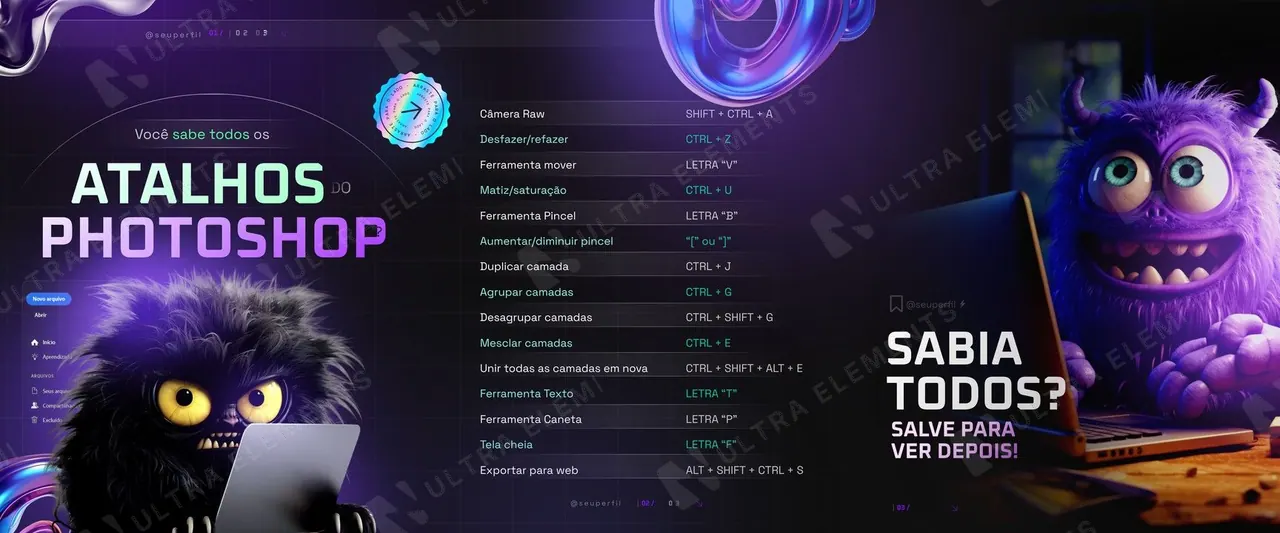 Carrossel “Atalhos de edição”: tabela com 15 atalhos de teclado e monstrinhos 3D em roxo neon (3 slides) — imagem 1 de 4