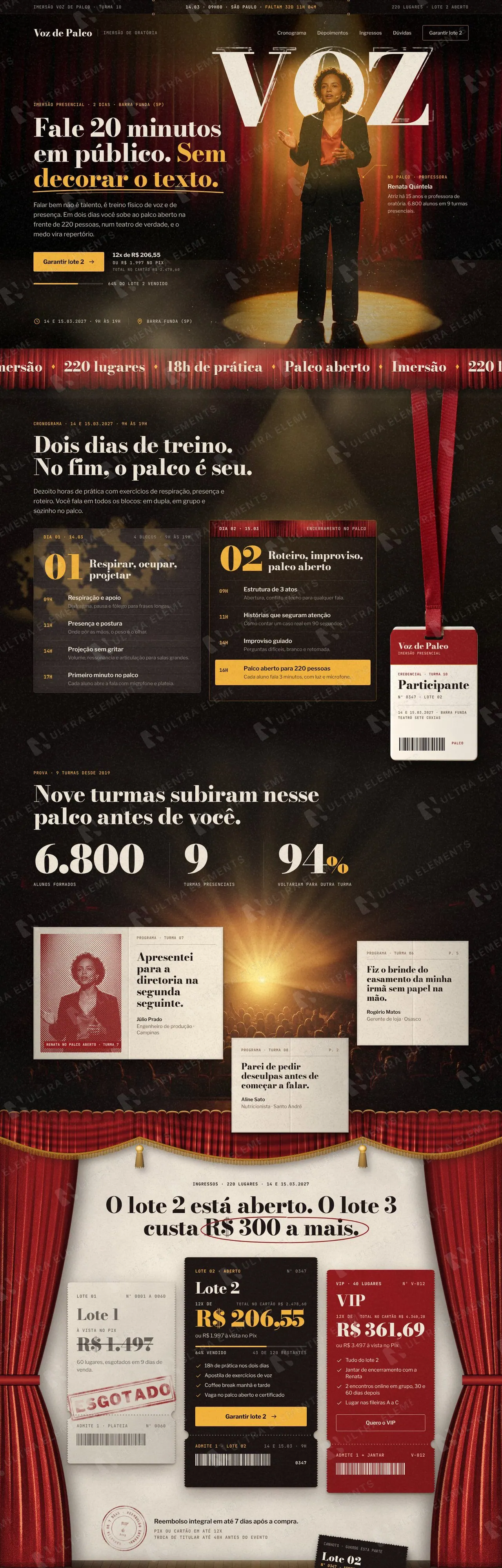 Página de vendas de imersão presencial de oratória com contagem regressiva, lotes de ingresso e FAQ (desktop e mobile) — imagem 1 de 8