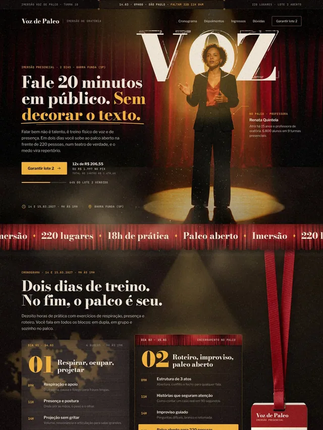 Página de vendas de imersão presencial de oratória com contagem regressiva, lotes de ingresso e FAQ (desktop e mobile)