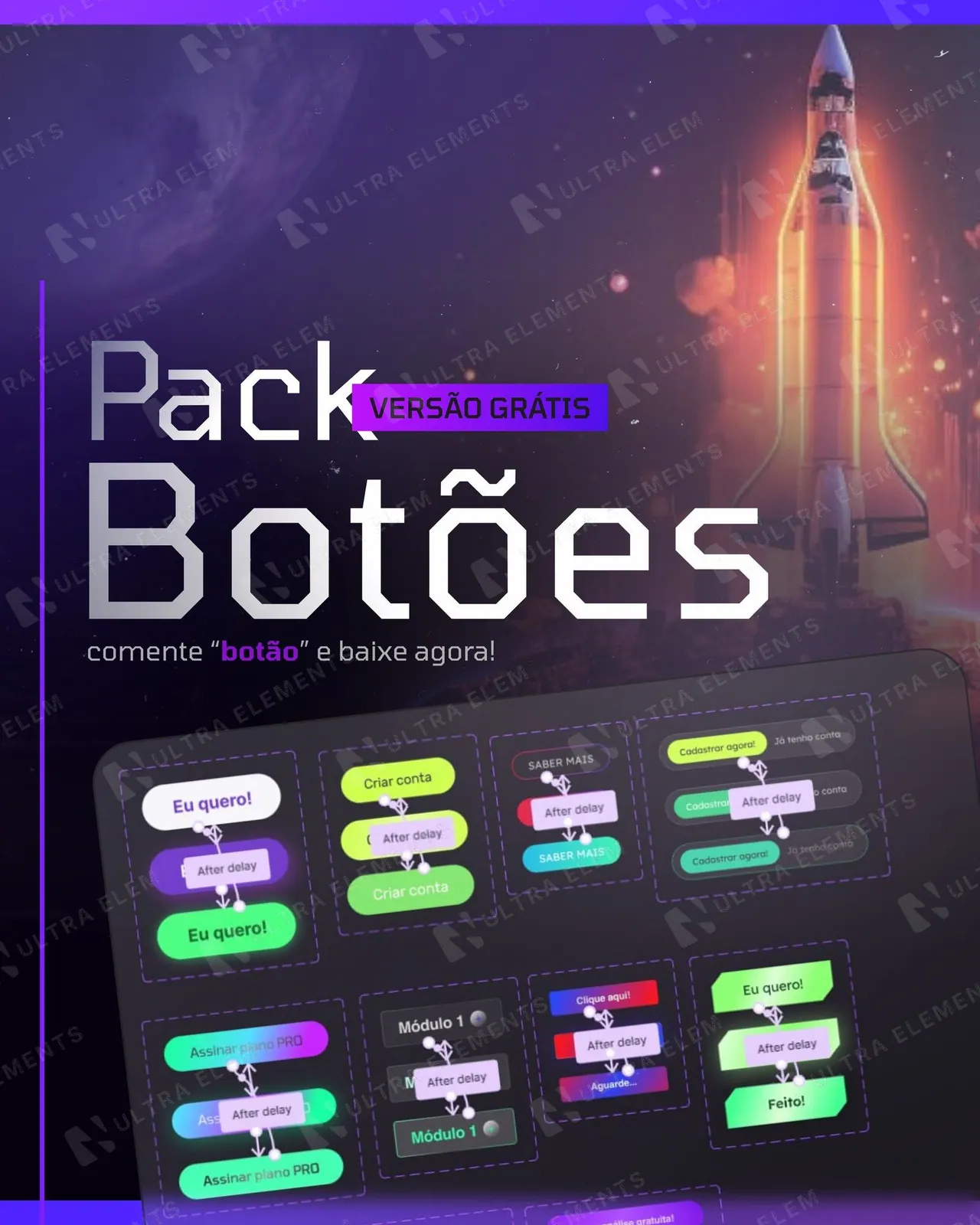 Post comente e receba 'Pack Botões – versão grátis' com foguete (feed)