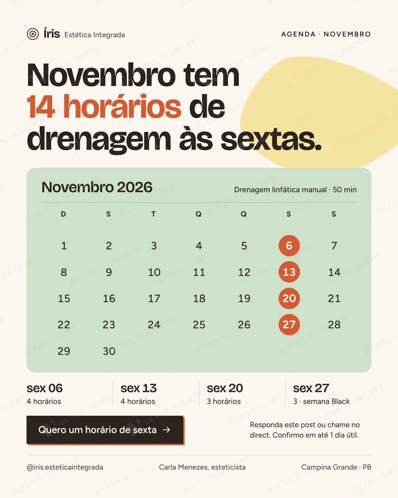 Post de agenda para estética: calendário de drenagem às sextas (feed) — imagem 1 de 2