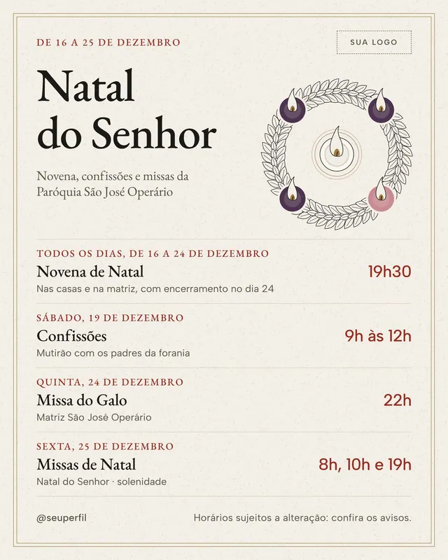 Post e story Natal do Senhor: grade com novena, confissões, Missa do Galo e missas de 25/12