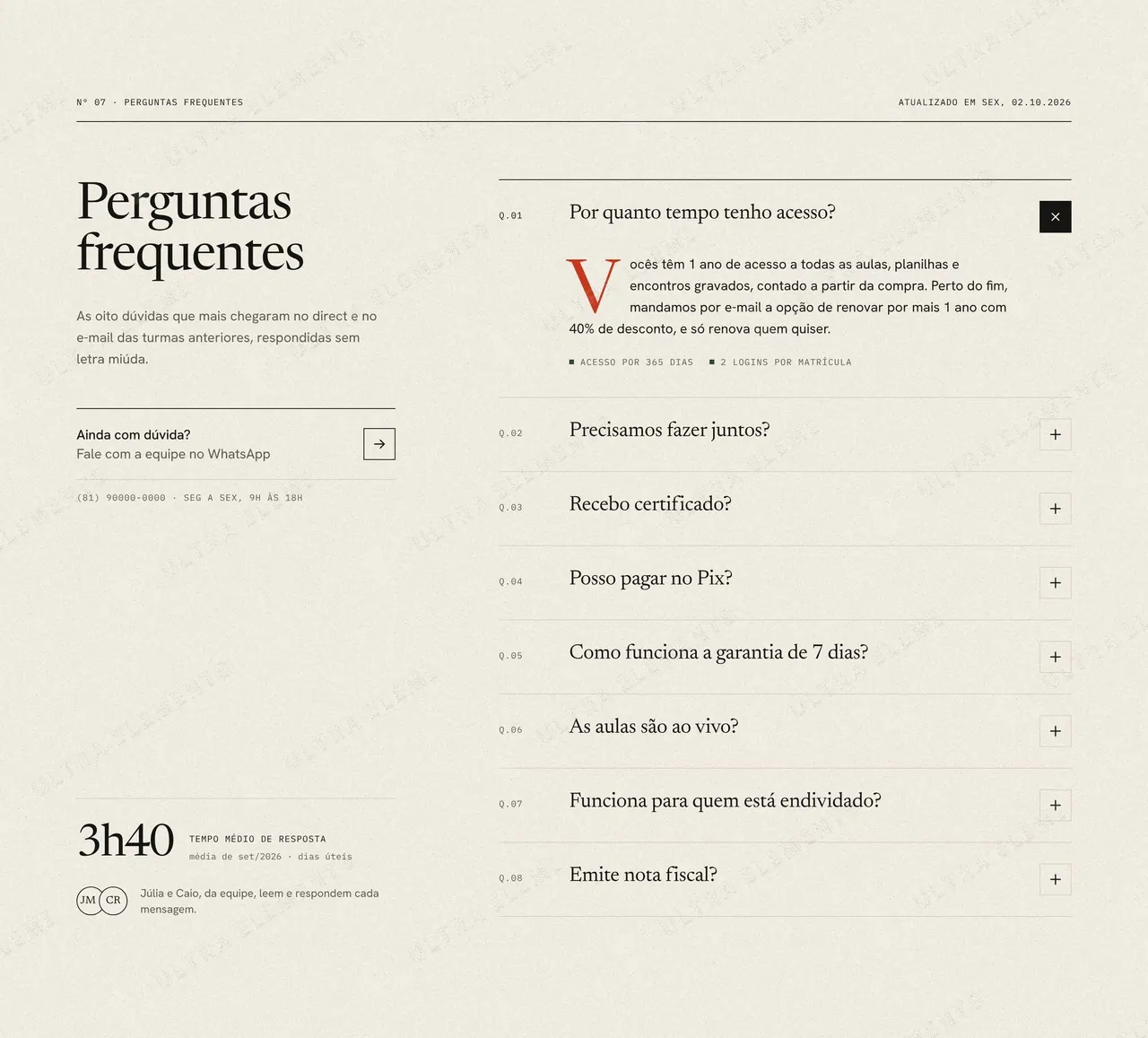 Seção FAQ editorial em 2 colunas com 8 perguntas numeradas e capitular — imagem 1 de 4