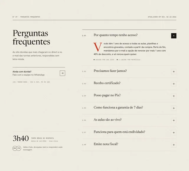 Seção FAQ editorial em 2 colunas com 8 perguntas numeradas e capitular