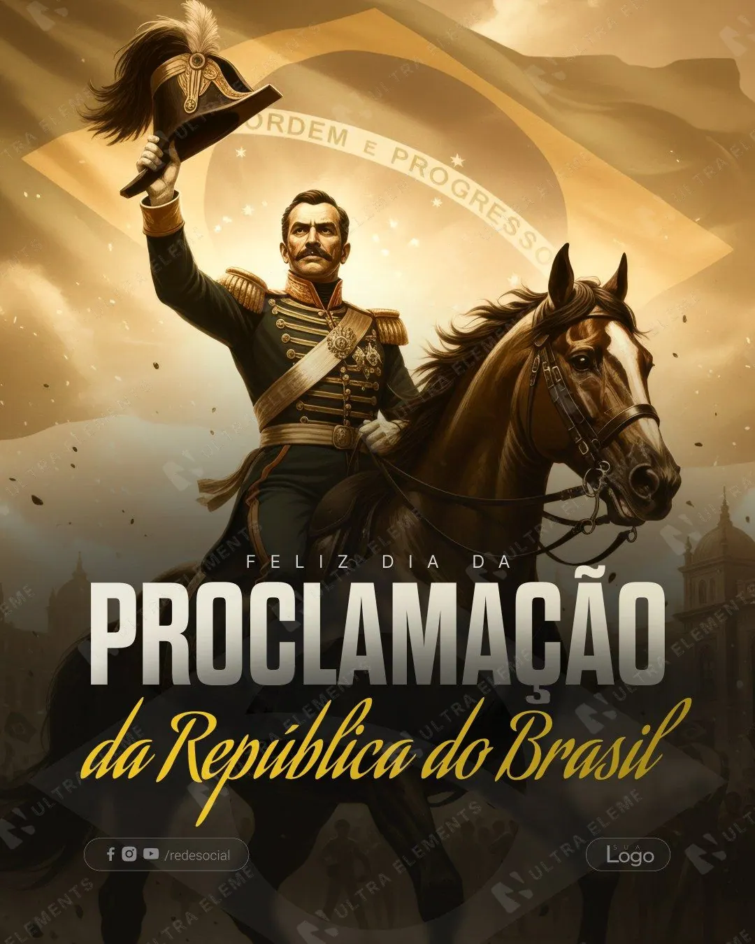 Post Feliz Dia da Proclamação: marechal a cavalo em tons sépia (feed)