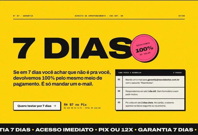 Seção de garantia de 7 dias neo-brutal com selo 100% e passos do reembolso