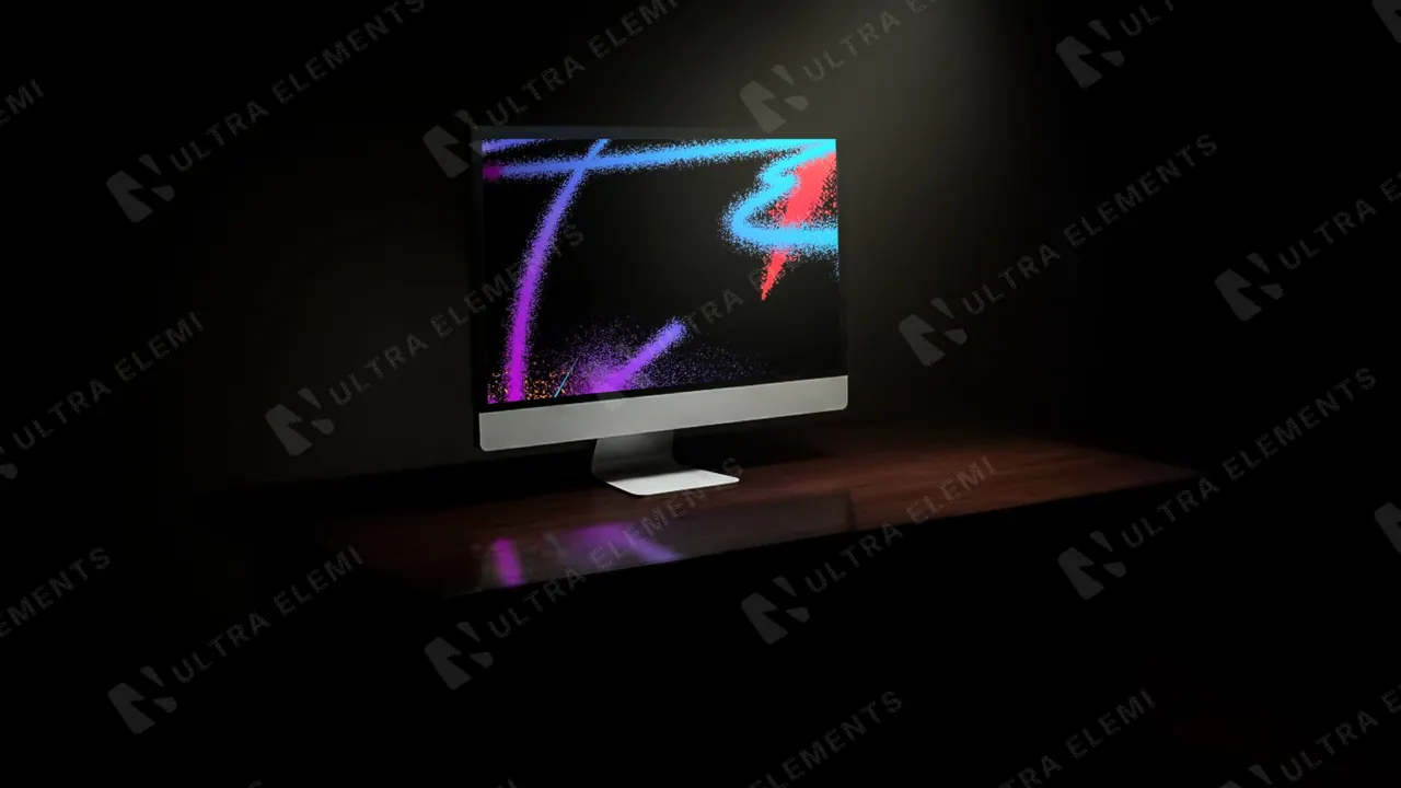 Mockup de monitor estilo iMac em mesa de madeira com iluminação dramática — imagem 1 de 3