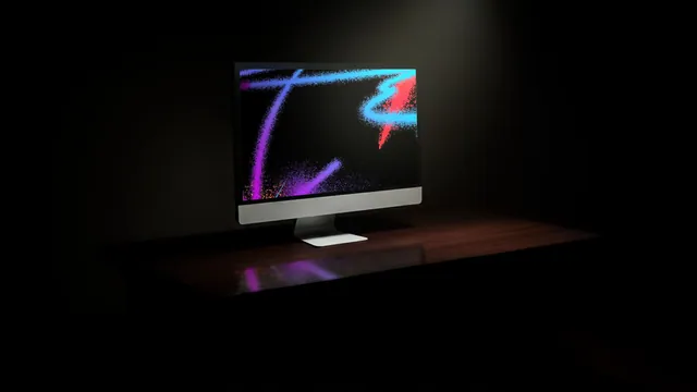 Mockup de monitor estilo iMac em mesa de madeira com iluminação dramática