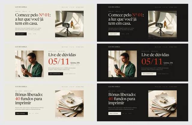 Banners de vitrine estilo revista para área de membros: 3 slides desktop e celular