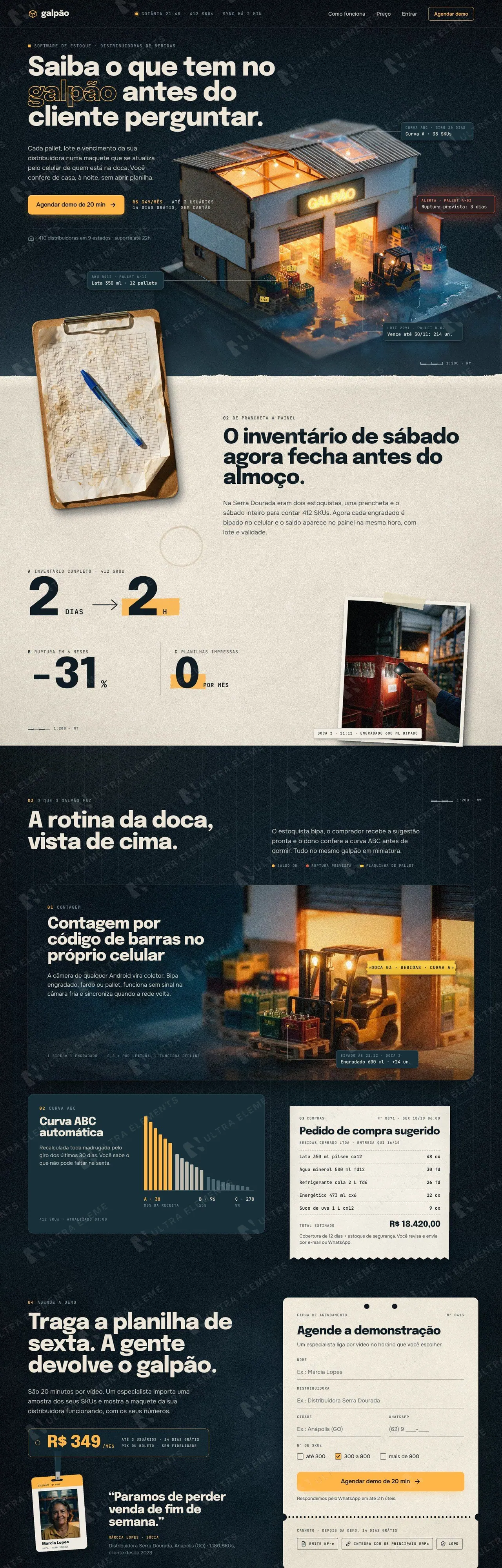 Landing page para software de estoque de distribuidoras com diorama 3D noturno e agendamento de demo (desktop e mobile) — imagem 1 de 6