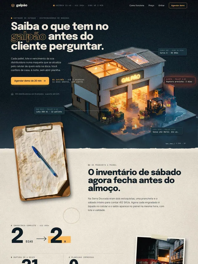 Landing page para software de estoque de distribuidoras com diorama 3D noturno e agendamento de demo (desktop e mobile)