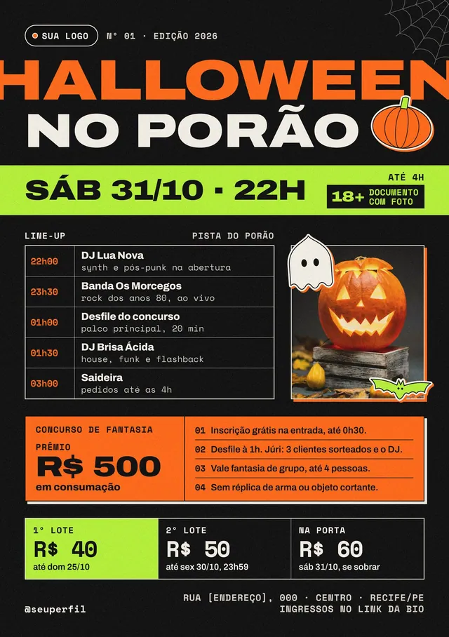 Flyer A5 Halloween no Porão para gráfica: festa 18+ com line-up, concurso de fantasia e lotes