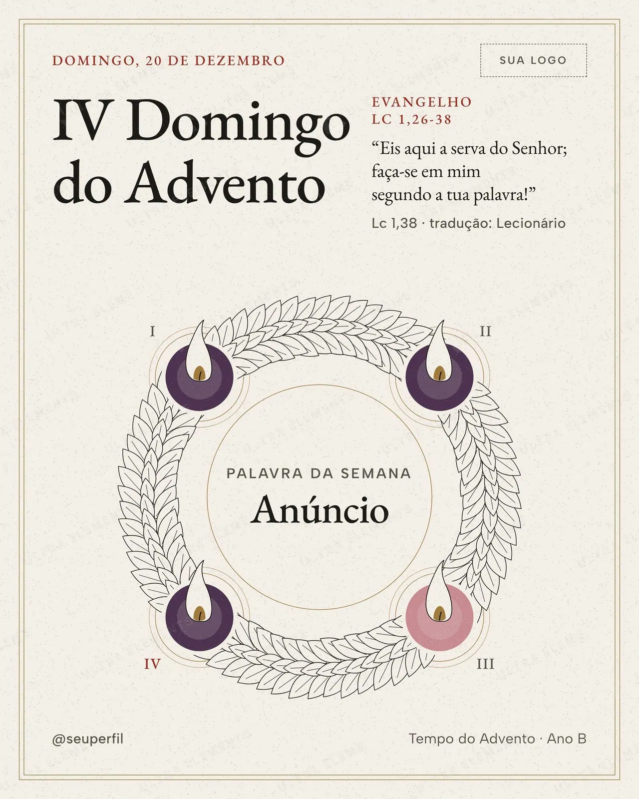 Post e story IV Domingo do Advento 20/12 (católica): Anúncio, coroa com as 4 velas acesas — imagem 1 de 3
