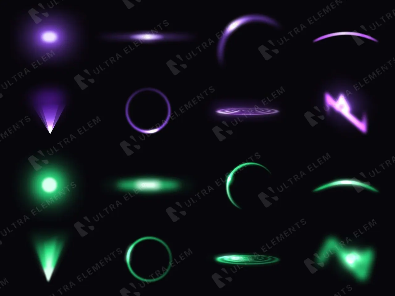 16 luzes neon em PNG transparente — roxo e verde para fundos escuros — imagem 1 de 11