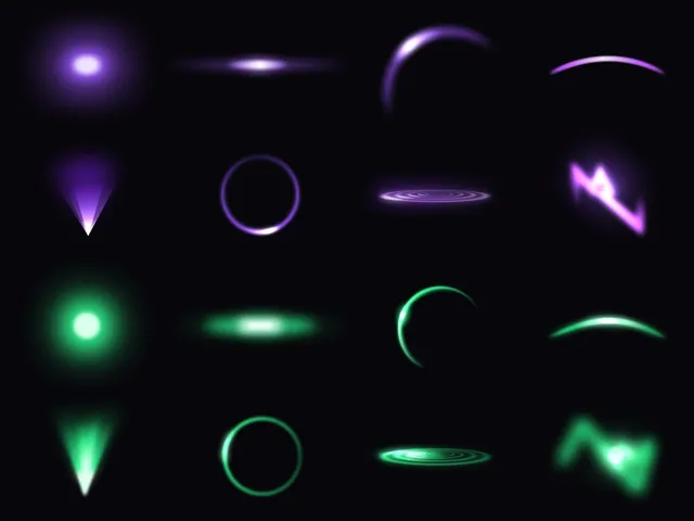 16 luzes neon em PNG transparente — roxo e verde para fundos escuros