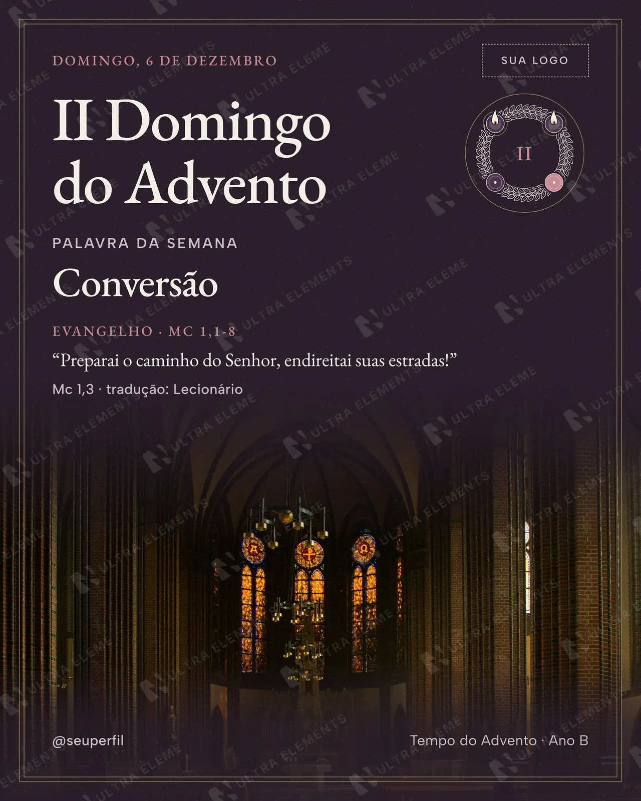 Post e story II Domingo do Advento com foto: interior de igreja com vitrais — imagem 1 de 2