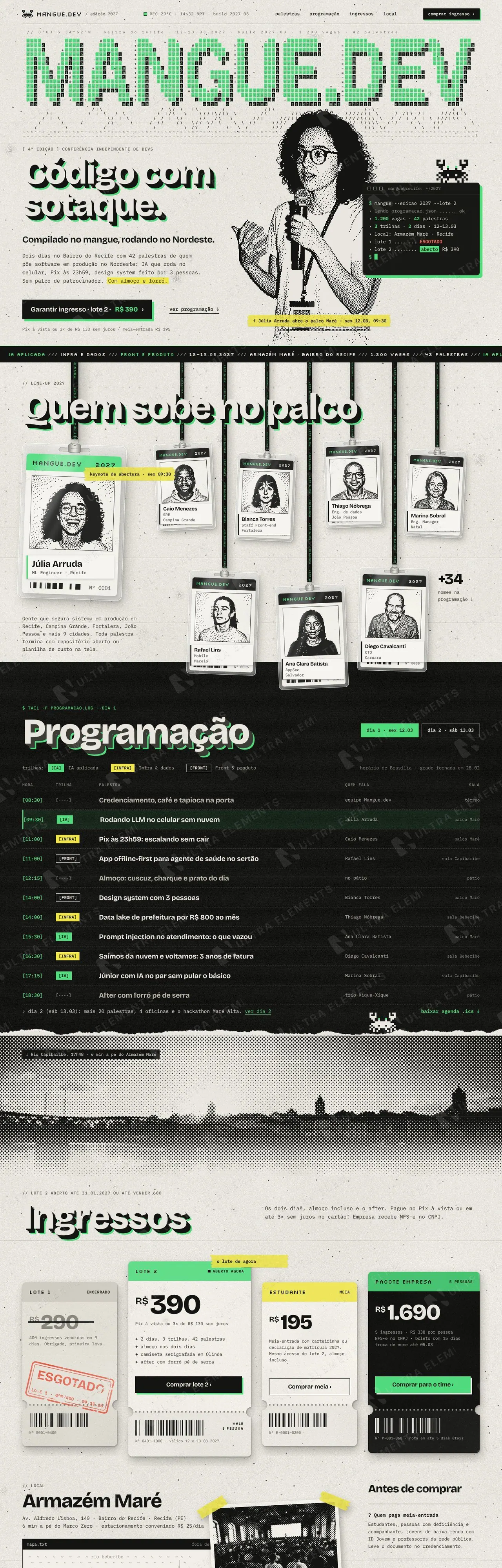 Landing page para conferência de desenvolvedores em Recife com palestrantes, programação e ingressos (desktop e mobile) — imagem 1 de 7