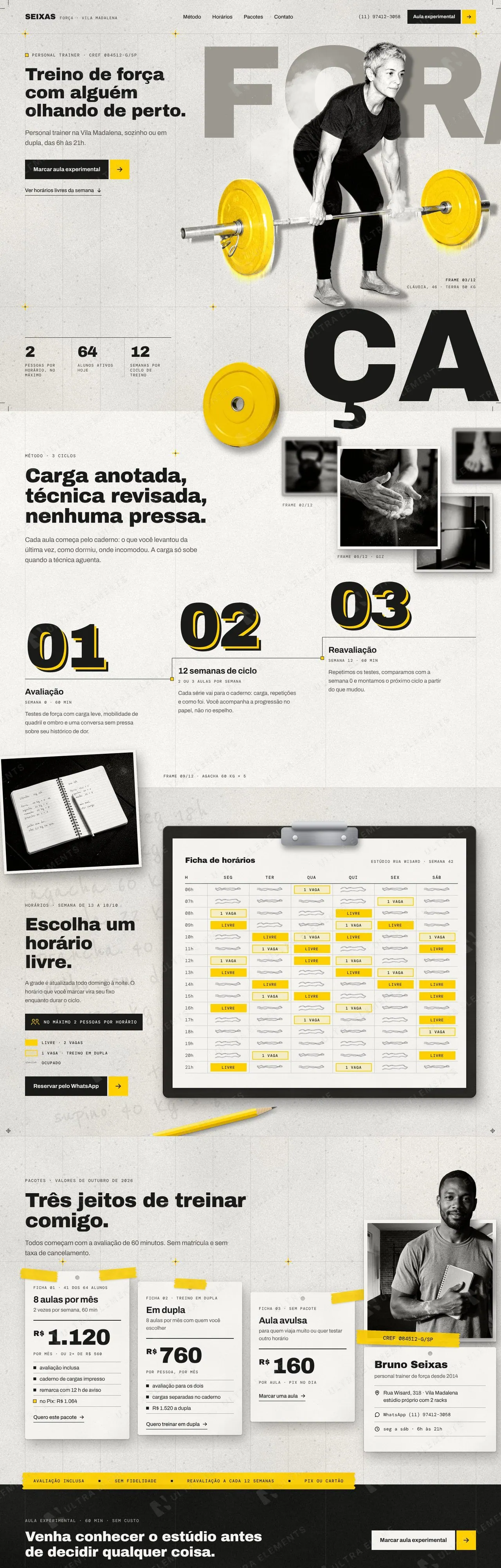 Landing page para personal trainer de treino de força com método, horários, pacotes e aula experimental (desktop e mobile) — imagem 1 de 8