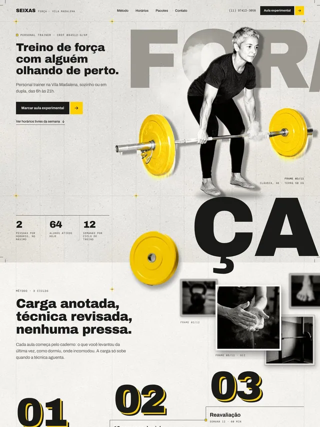 Landing page para personal trainer de treino de força com método, horários, pacotes e aula experimental (desktop e mobile)