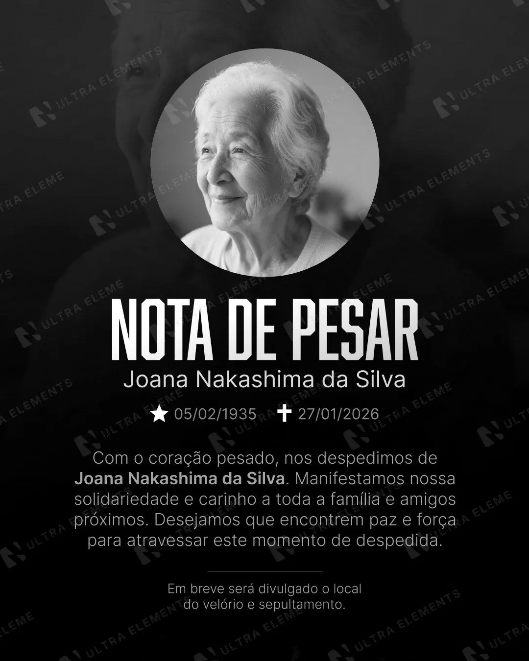 Post Nota de Pesar: título condensado e foto ao fundo (feed + story escuro) — imagem 1 de 2
