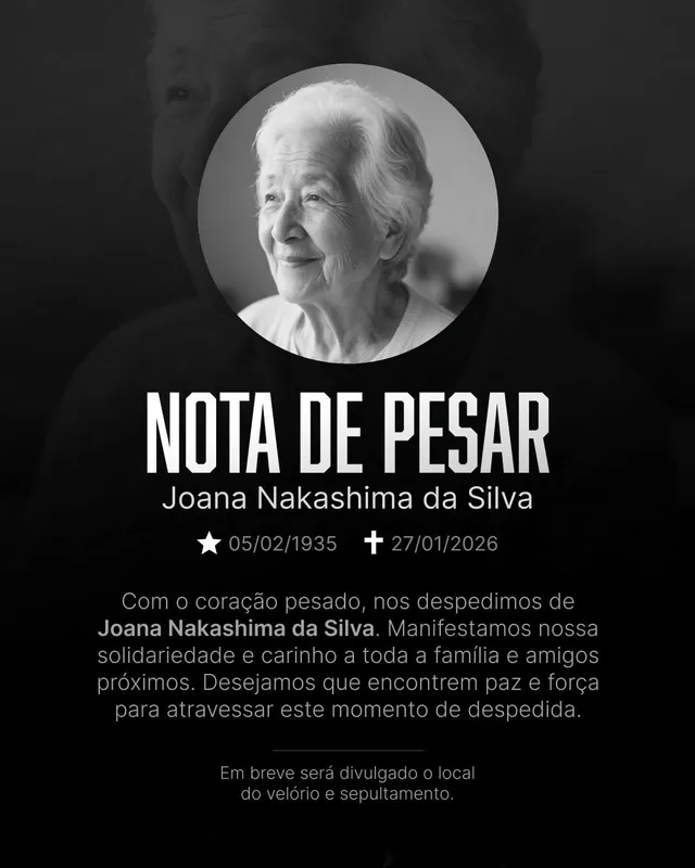 Post Nota de Pesar: título condensado e foto ao fundo (feed + story escuro)