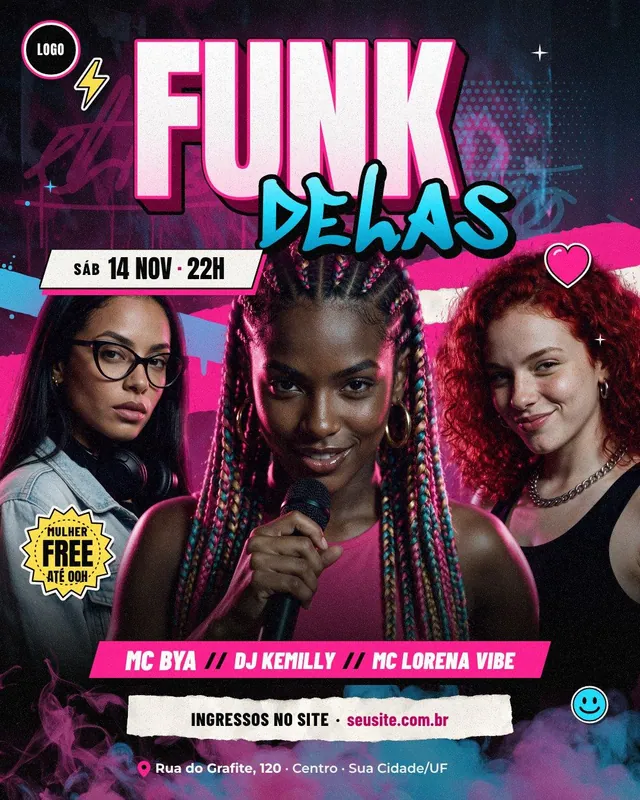 Funk Delas: trio de MCs e DJ mulheres no muro de graffiti magenta e ciano com figurinhas e papel rasgado (feed + story)