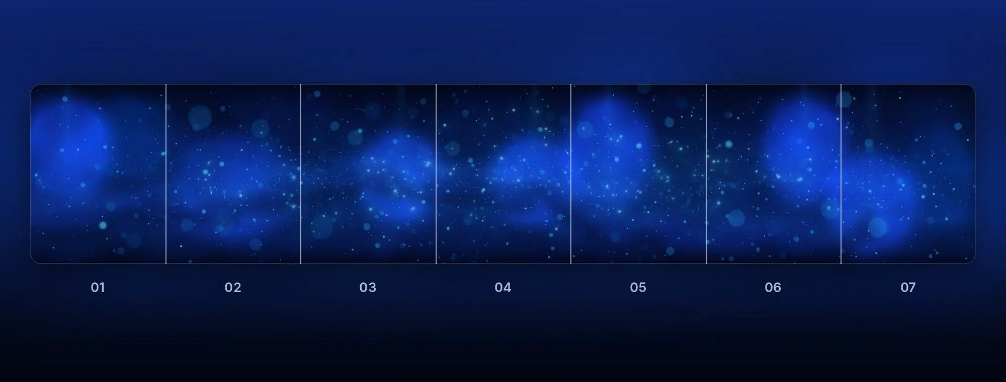 Fundo panorâmico azul com partículas e bokeh para carrossel de 7 slides contínuos