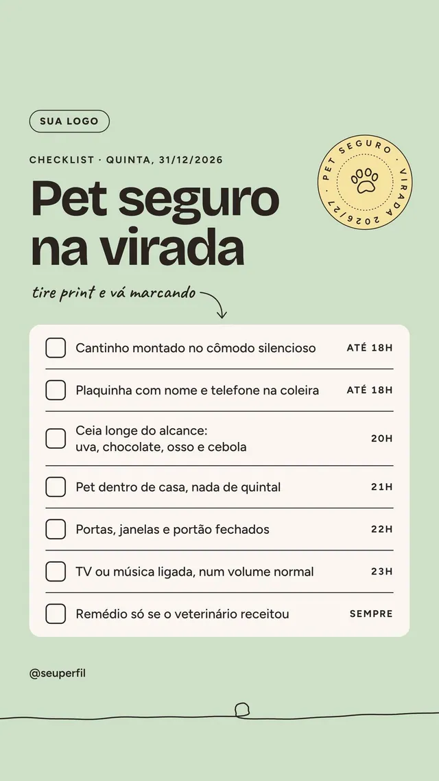 Story checklist “Pet seguro na virada” com 7 caixas marcáveis e horários do dia 31