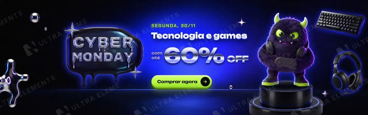 Banner Cyber Monday com mascote 3D Monstrinho gamer, selo de cromo líquido e pódio LED azul (site 1920×600 e feed) — imagem 1 de 3