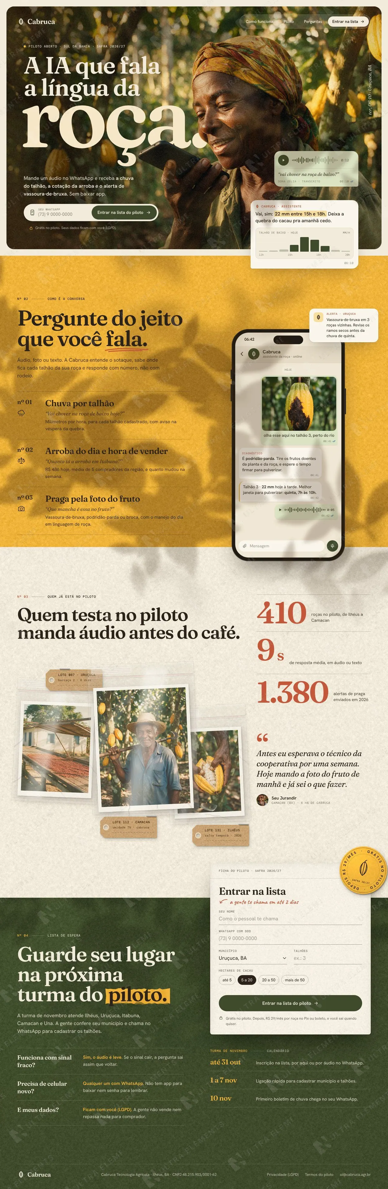 Landing page de lista de espera para assistente de IA no WhatsApp para produtores de cacau (desktop e mobile) — imagem 1 de 6