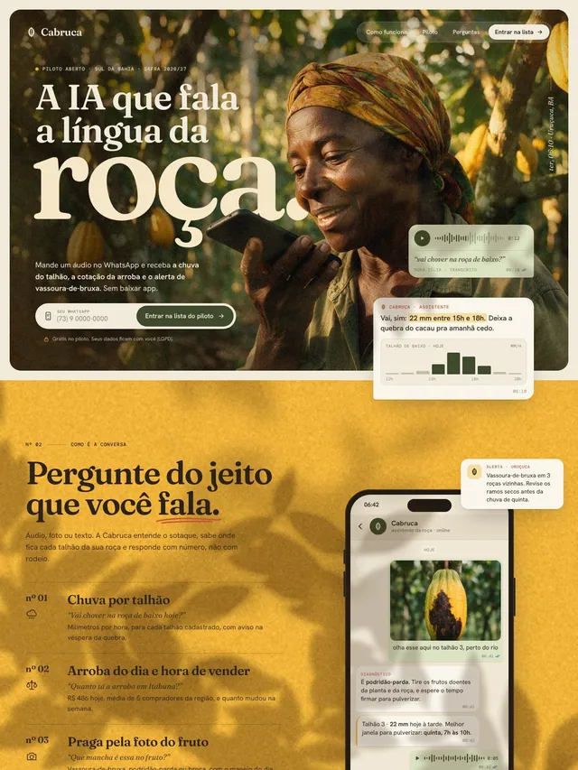 Landing page de lista de espera para assistente de IA no WhatsApp para produtores de cacau (desktop e mobile)