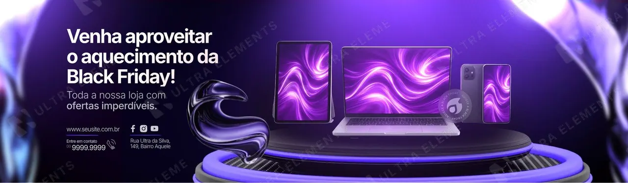 Banner Black Friday roxo: aquecimento com eletrônicos no pedestal (site)