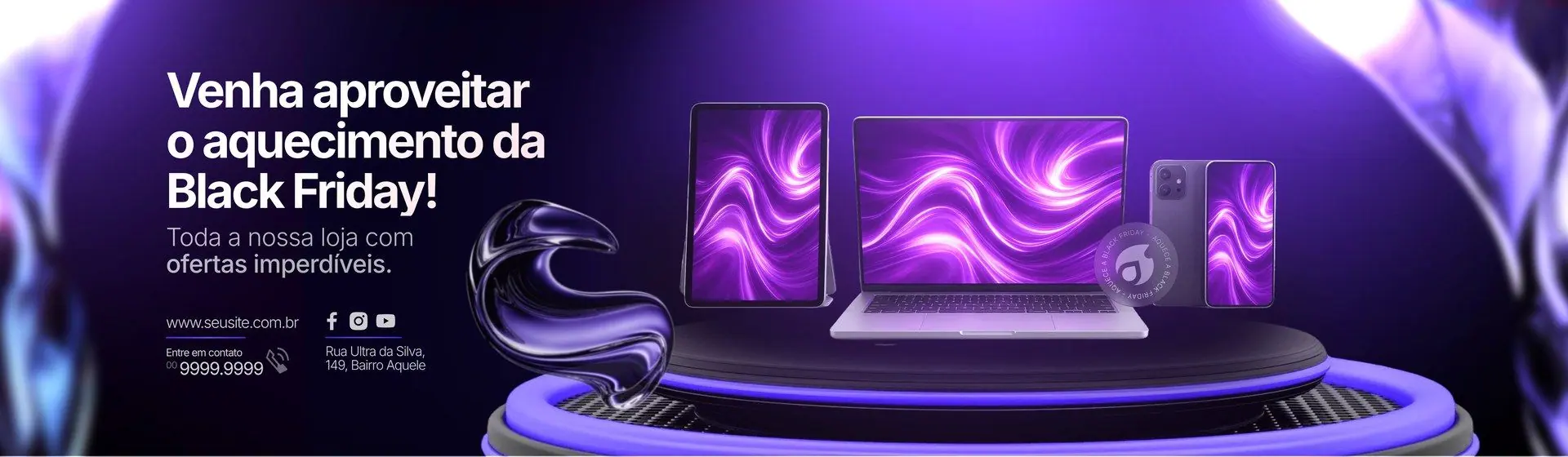 Banner Black Friday roxo: aquecimento com eletrônicos no pedestal (site)