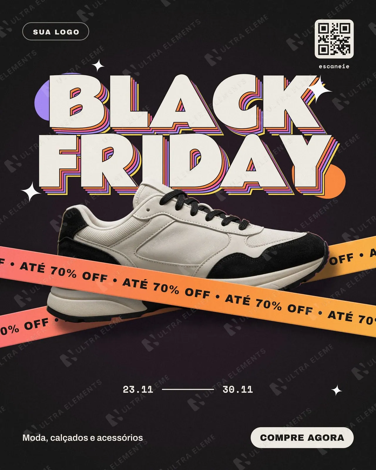 Post Black Friday retrô com título de sombra empilhada e fitas cruzadas para moda e tênis (feed, story e 1:1) — imagem 1 de 6