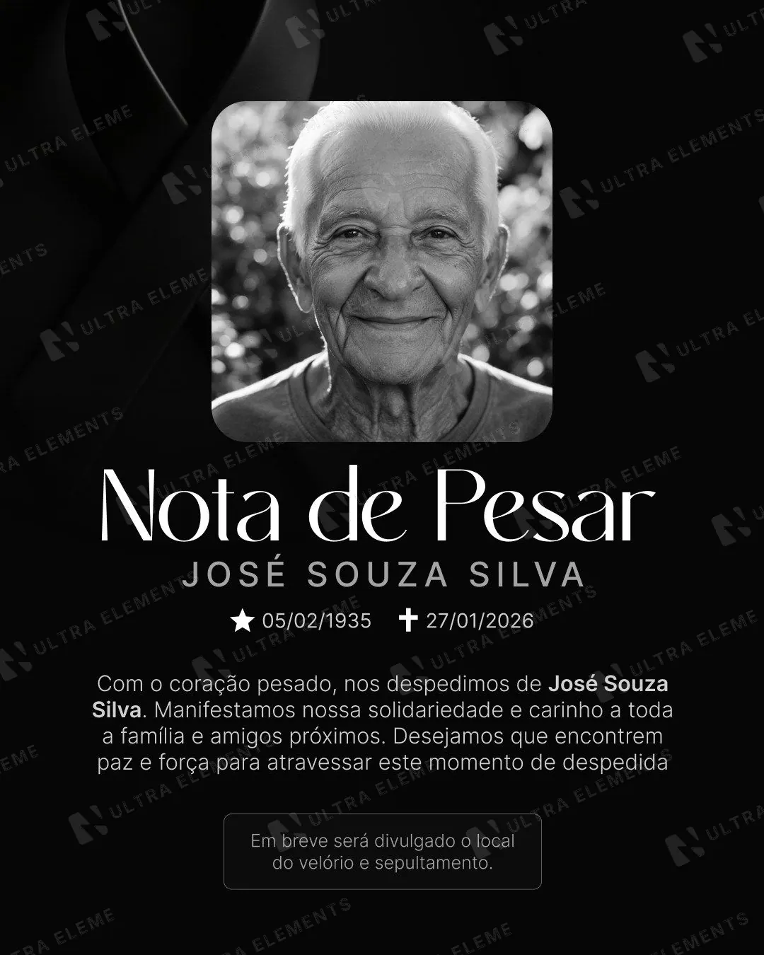 Post Nota de Pesar: laço de luto e foto de cantos arredondados (feed + story escuro) — imagem 1 de 2