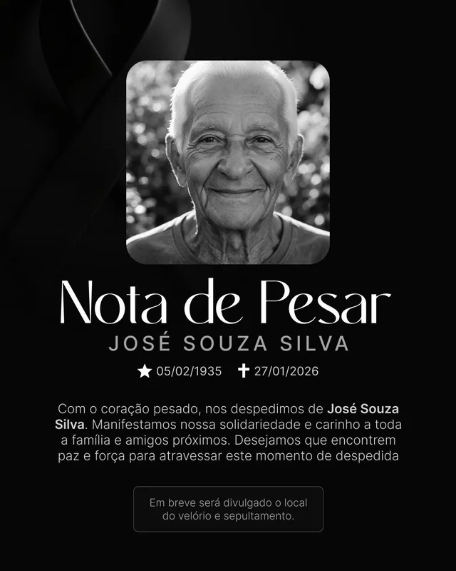 Post Nota de Pesar: laço de luto e foto de cantos arredondados (feed + story escuro)