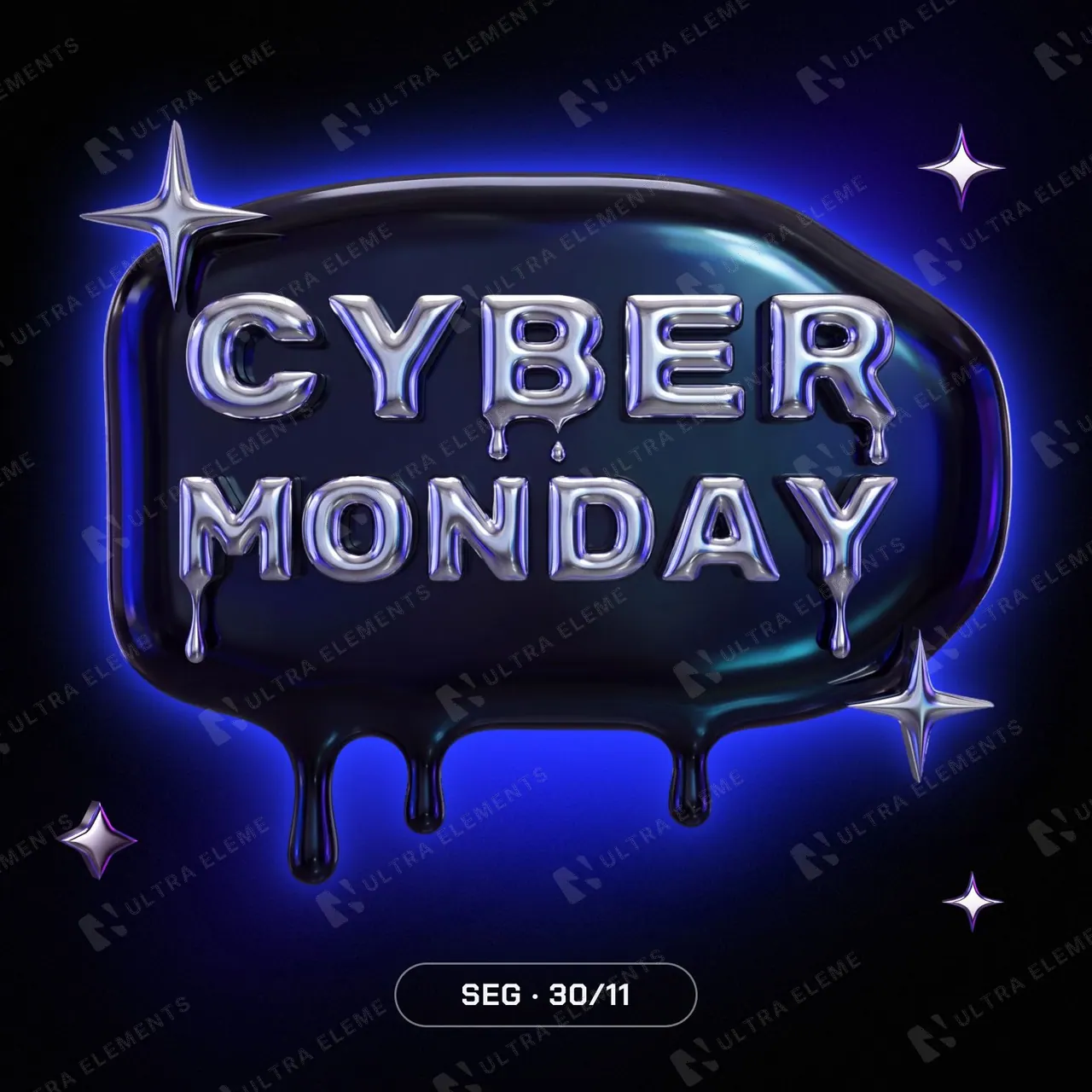 Selo 3D Cyber Monday em cromo líquido com reflexo azul, roxo ou verde (PNG e texto editável) — imagem 1 de 6