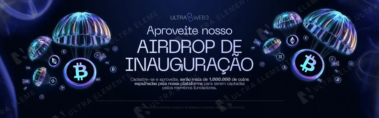 Banner cripto Web3: airdrop de inauguração com paraquedas e moedas 3D (panorâmico)