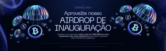 Banner cripto Web3: airdrop de inauguração com paraquedas e moedas 3D (panorâmico)
