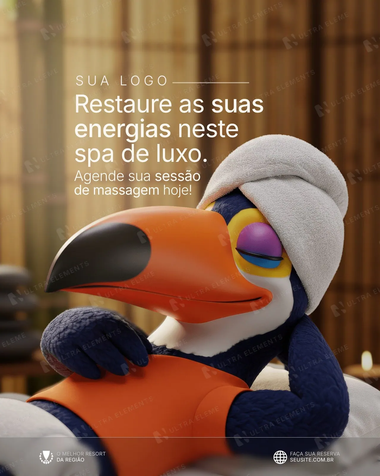 Post resort com mascote tucano 3D: spa e massagem relaxante (feed)