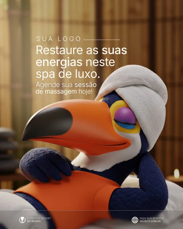 Post resort com mascote tucano 3D: spa e massagem relaxante (feed)