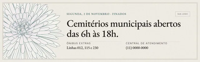 Banner de portal da prefeitura em Finados: cemitérios abertos das 6h às 18h, 1920×600 e 1080×600