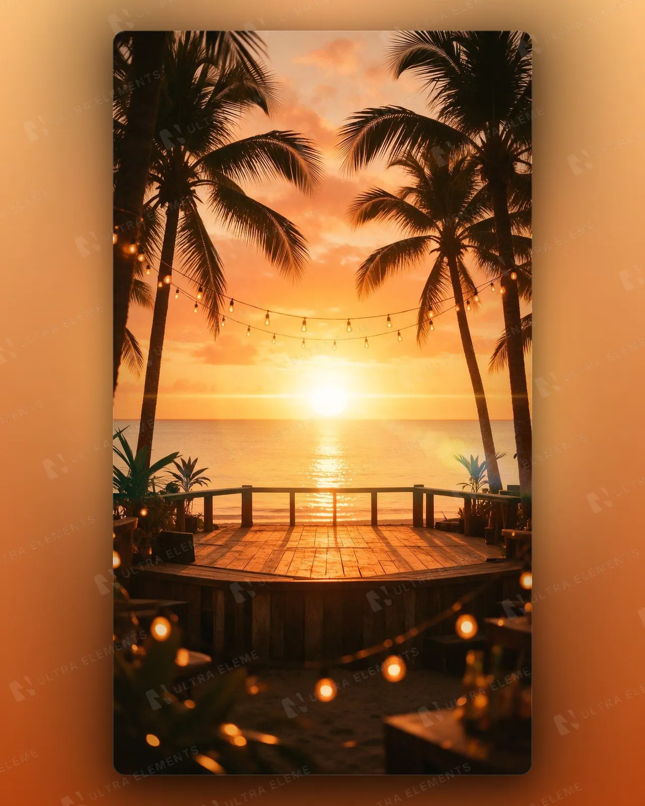 Cenário de praia ao pôr do sol com coqueiros, deck de madeira e gambiarra (vertical e 4:5) — imagem 1 de 3