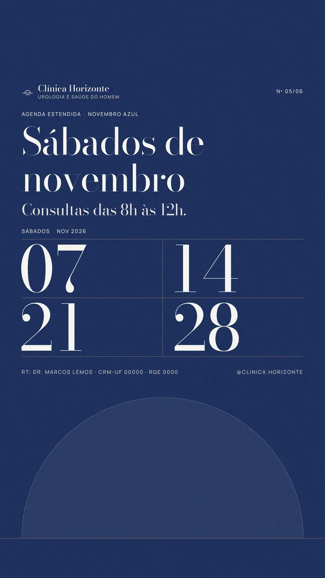 Story Novembro Azul: sábados de novembro com datas gigantes em fundo azul-tinta