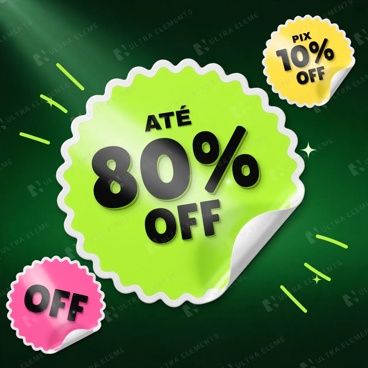 Selo 3D adesivo serrilhado Até 80% OFF: valores de 10% a 80%, OFF e PIX em verde, rosa e amarelo (PNG e texto editável) — imagem 1 de 4